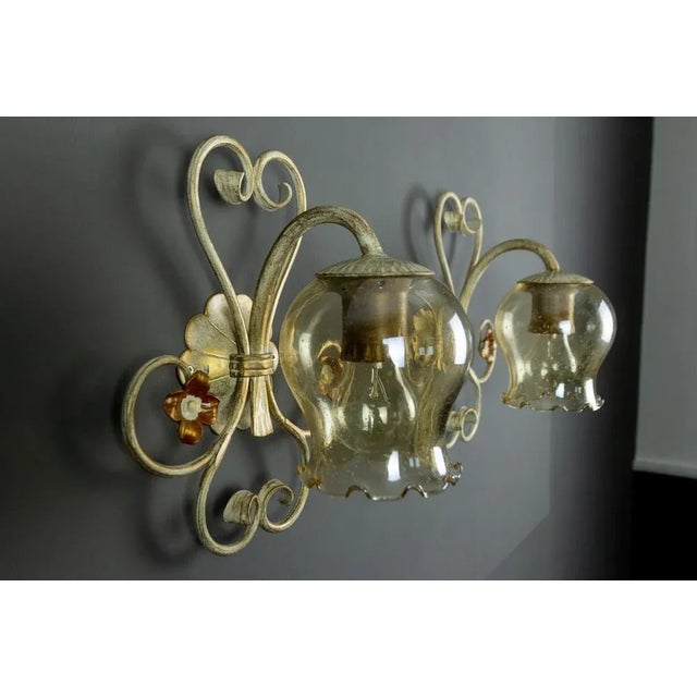 Wrought Iron and Glass Pendant Light & Sconces, Set of 3 For Sale - Image 6 of 18