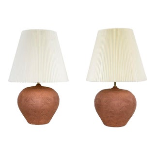 Textured Ceramic Table Lamps in Terracotta, Pair For Sale