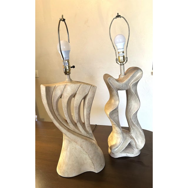 Tan 1980's Jaro Style Biomorphic Post-Modern Freeform Ribbon Motif Table Lamps Pair For Sale - Image 8 of 17