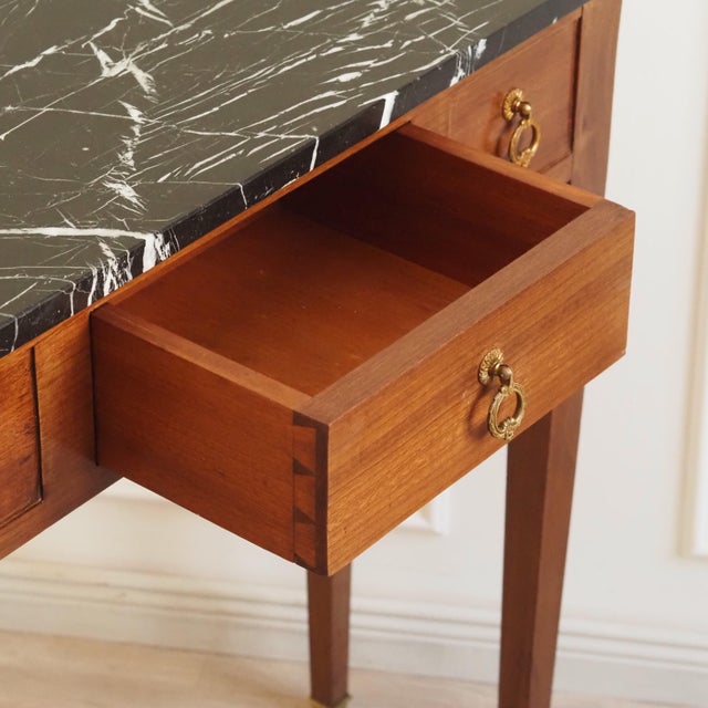 Brown Louis XVI Walnut Console Table with Black Marble Top and Brass Fittings For Sale - Image 8 of 12