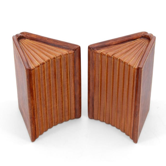Vintage Asprey & Co Leather And Gilt Bookends Modelled As Open Books, Set of 2 For Sale - Image 4 of 12