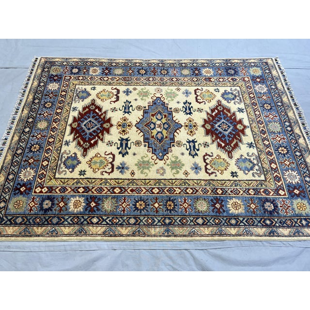 Textile Ivory and Blue Kazak Wool Area Rug With Tribal Medallions, 4'10" X 6'7" For Sale - Image 7 of 15