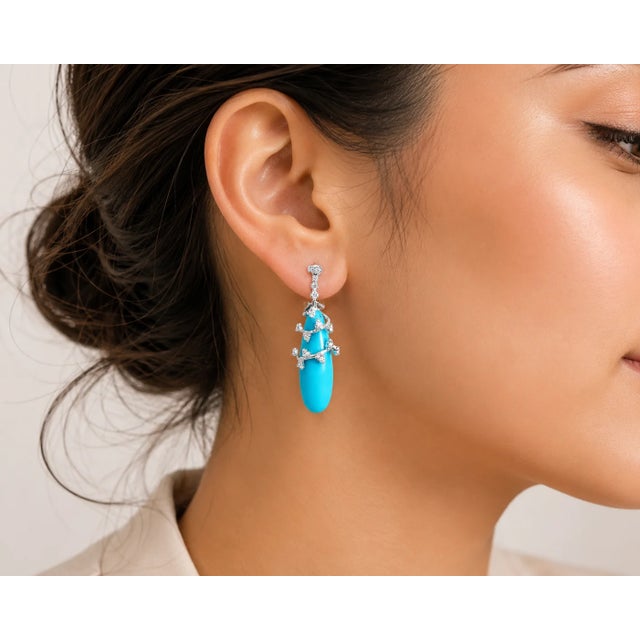 Modern 14K White Gold Turquoise Diamond Dangle Drop Earrings For Sale - Image 3 of 3