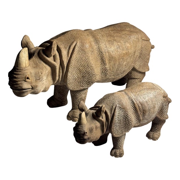 Hand-Carved Wooden Rhinoceros Statues, 1960s, Set of 2 For Sale