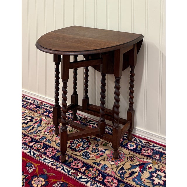 Antique English Petite Table Drop Leaf Gateleg Barley Twist Oak Oval c.1920-30s For Sale In Dallas - Image 6 of 16