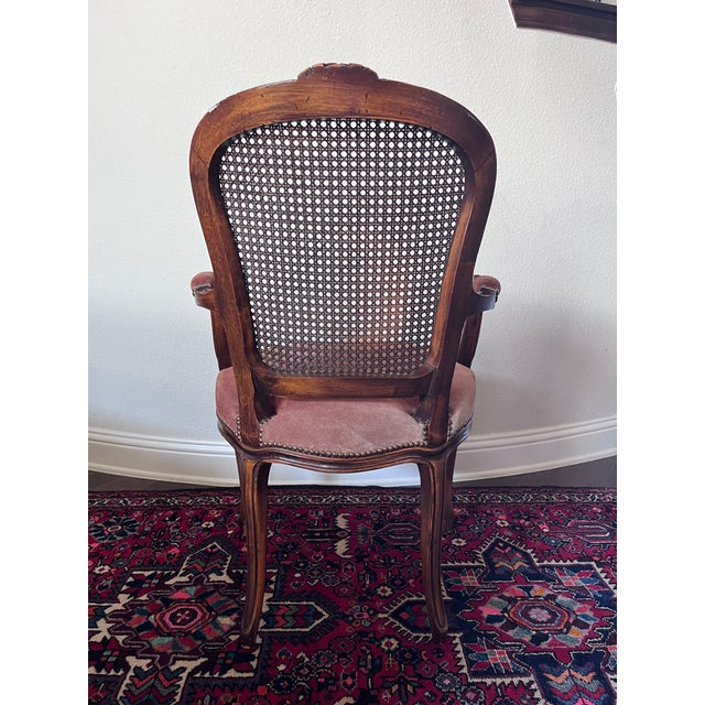 Vintage Chateau d'Ax French Provincial Louis XV Fauteuil Armchair Suede Leather, Cane Back, Wernermeier Industries Inc For Sale - Image 4 of 12