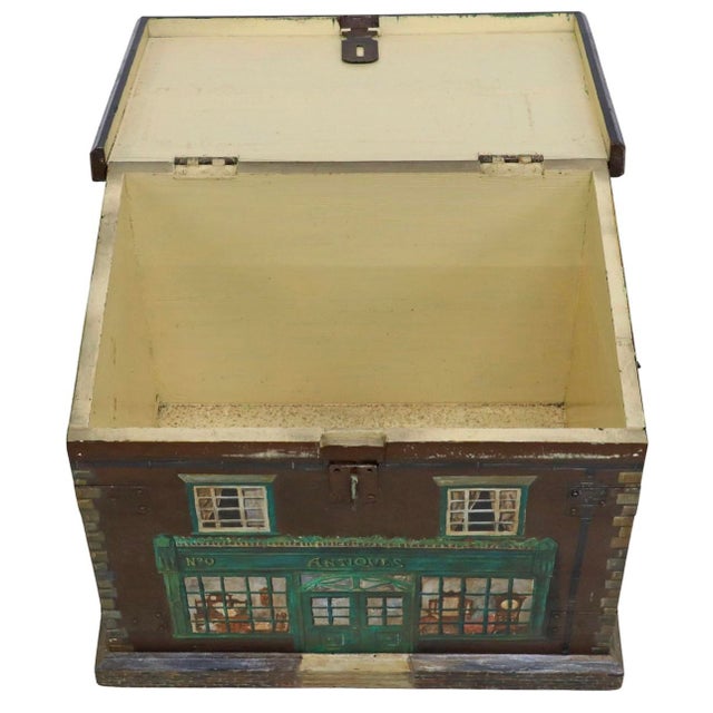 Antique British Painted Ã¢â‚¬Å“Antique StoreÃ¢â‚¬Â Facade Storage Trunk For Sale - Image 4 of 4