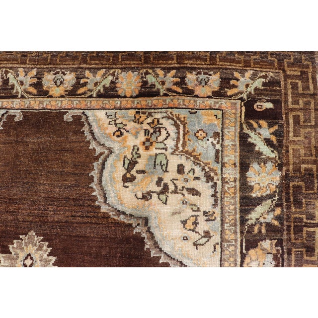 Textile Mid 20th Century Brown Background Floral Medallion Vintage Turkish Kars Rug in Ivory and Taupe For Sale - Image 7 of 14