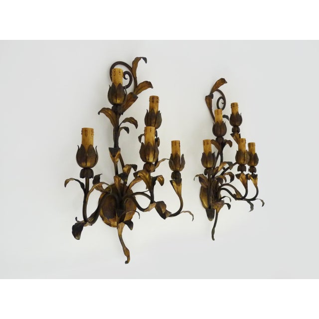 Vintage Italian Foliage Flower Wall Lights in Gold Metal, 1950s For Sale - Image 4 of 10