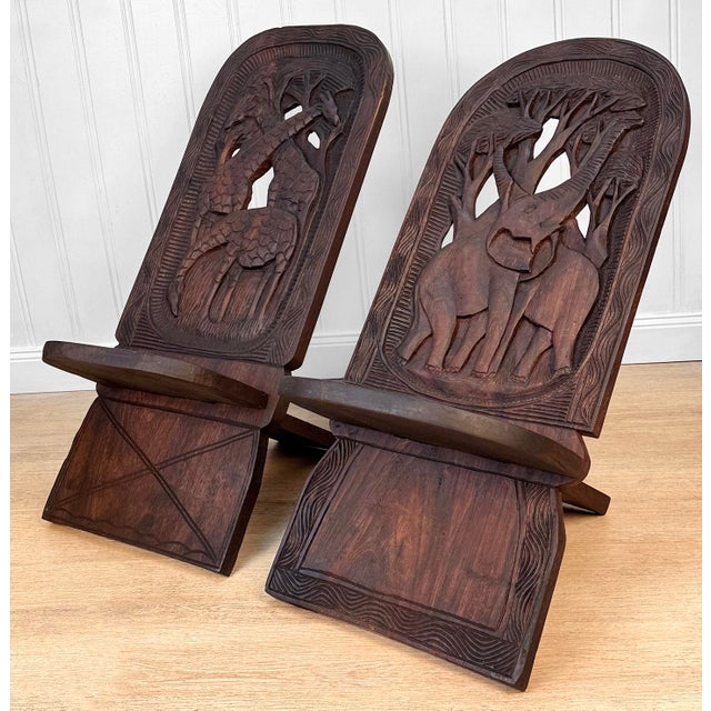 Vintage African Mahogany Elephant & Giraffe Carved Slipper Chairs - A Pair For Sale - Image 6 of 12