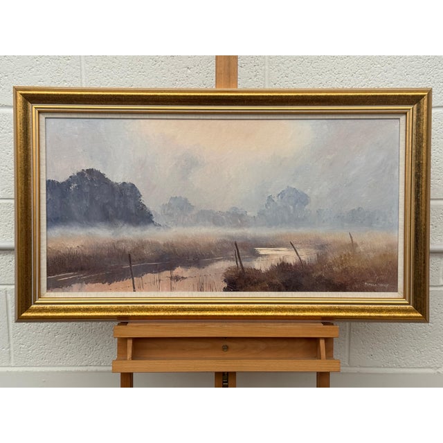 Late 20th Century A serene river landscape at dawn with misty trees and soft, warm morning light 1987 Circa For Sale - Image 5 of 18