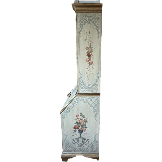 Hand-Painted Chinoiserie secretary desk in Sage Green with bonnet top, hidden pull-out drawers with original key Ninety...