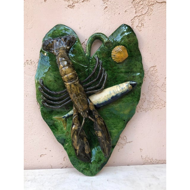 Large 19th Century Majolica Palissy Leaf Wall Fish & Lobster Platter Alfred Renoleau. Signed Polakowski & Cie ,...
