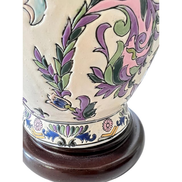 1970s Ornate Floral Ceramic Urn Table Lamps With Carved Wood Bases - a Pair For Sale - Image 10 of 13