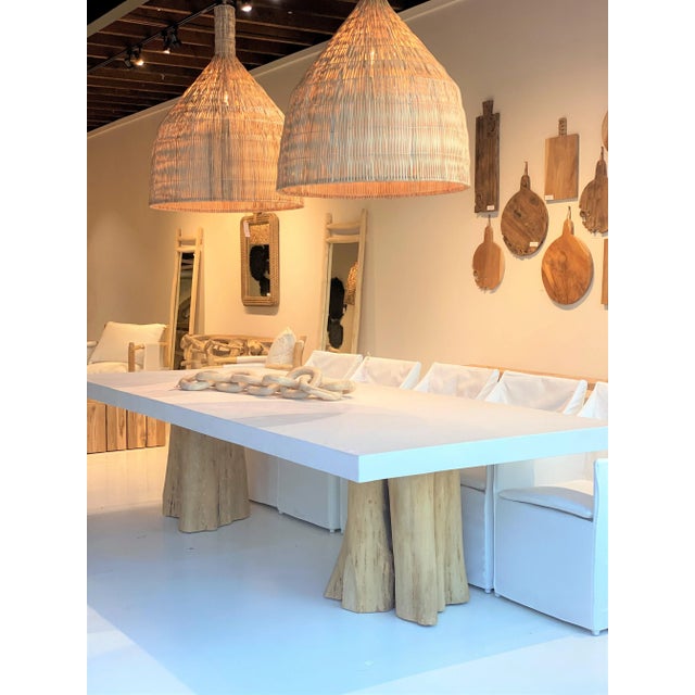 Transitional White on Teak Pedestals Outdoor Dining Table For Sale - Image 3 of 3