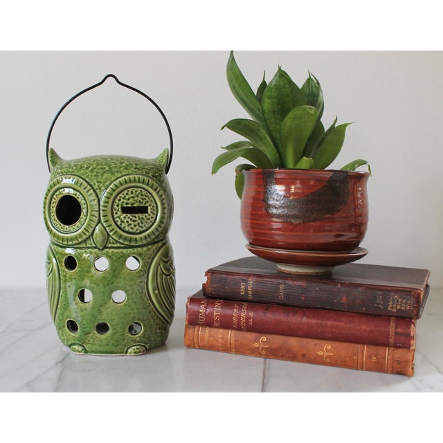 Figurative Vintage Ceramic Green Winking Owl Hanging Tea Light Candle Holder For Sale - Image 3 of 8