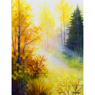 Golden Light by Michelle Condrat | Oil On Board Autumn landscape with bright yellow light and trees. For Sale