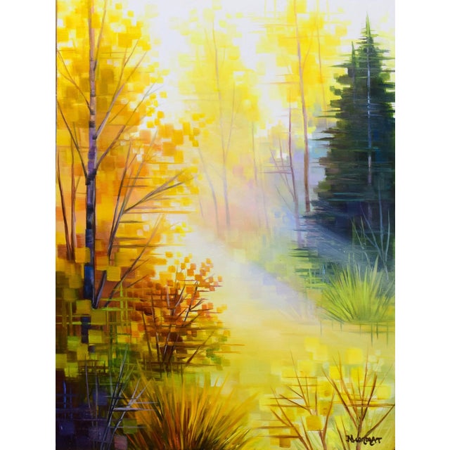 Golden Light by Michelle Condrat | Oil On Board Autumn landscape with bright yellow light and trees. For Sale