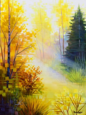 Golden Light by Michelle Condrat | Oil On Board Autumn landscape with bright yellow light and trees.