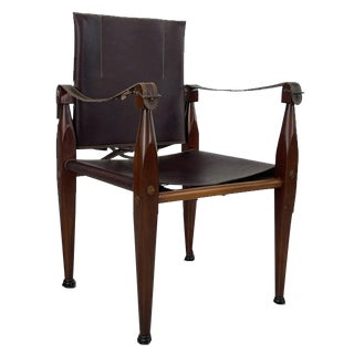 French Teak and Brown Leather Safari Chair, 1930s For Sale