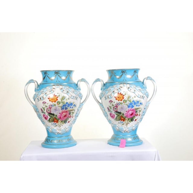 French Porcelain Floral Urn Vases in the Style of Sevres, Set of 2 For Sale - Image 3 of 18