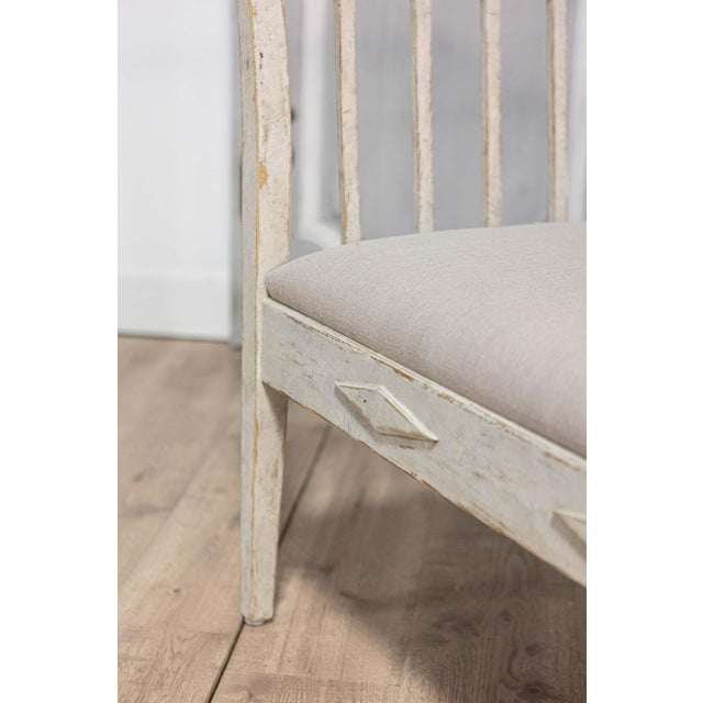 Swedish Gustavian Style Gray Painted Sofa Bench with Raised Diamond Motifs For Sale - Image 11 of 11