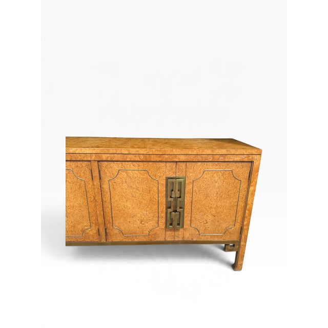 Wood 1970s Hollywood Regency Burlwood & Brass Greek Key Credenza, Attributed to Mastercraft For Sale - Image 7 of 10