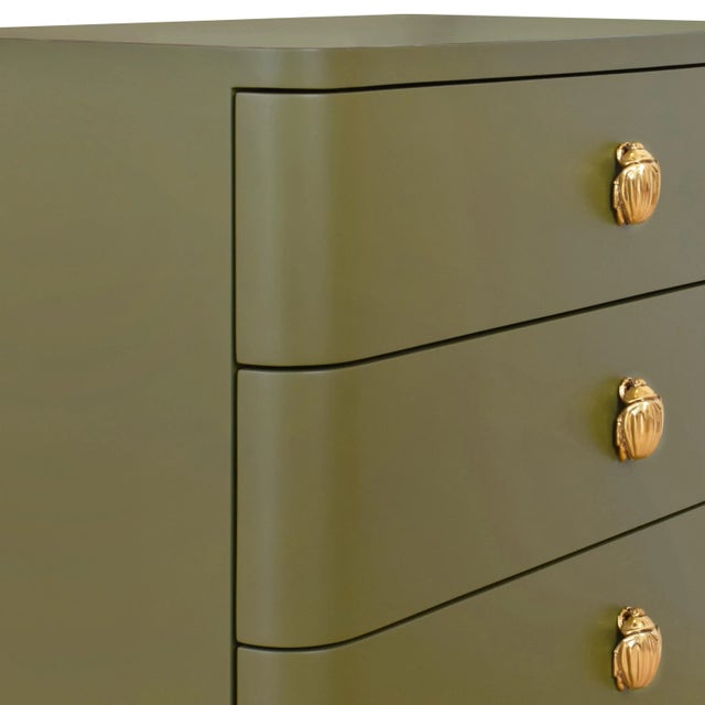 Contemporary Matthew Izzo Home - Fortune Olive Green Matte Lacquer Side Table With Gold Beetle Drawer Knobs For Sale - Image 3 of 8