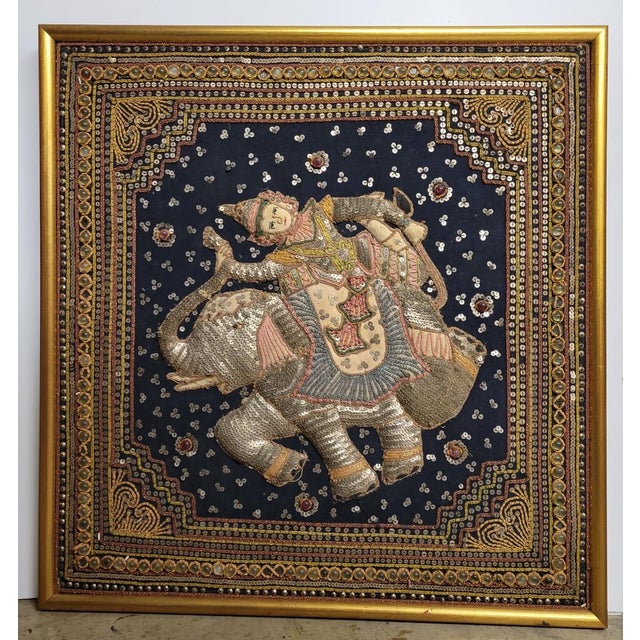 Framed Vintage Burmese Kalaga Elephant Tapestry – Beaded & Sequined Textile Wall Art For Sale - Image 4 of 6