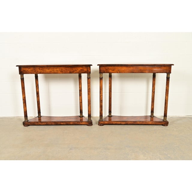 Maitland Smith Style French Empire Burl Wood and Gold Gilt Demilune Console Tables, Pair For Sale - Image 11 of 12