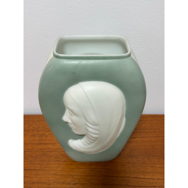 French Art Deco Figural Glass Vase With Female Profile, Frosted Green & White Glass, 1930s For Sale - Image 3 of 10