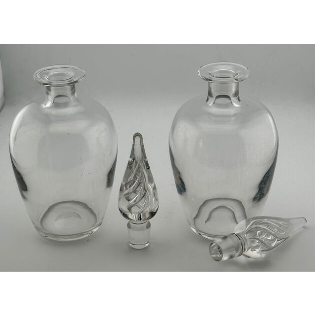 Mid-Century Modern Mid 20th Century Fine Quality Matched Pair of Mid Century Hand Blown Crystal Decanters With Internal Air Bubble Twist Stopper For Sale - Image 3 of 18
