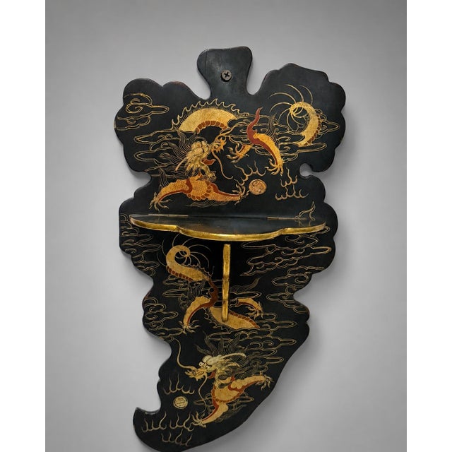 1900 - 1909 Pair of Japanese Meiji Period Dragon Lacquer Folding Wall Shelves For Sale - Image 5 of 9