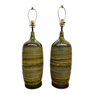 1950s Bitossi Large Vintage Green Textured Lamps Pair