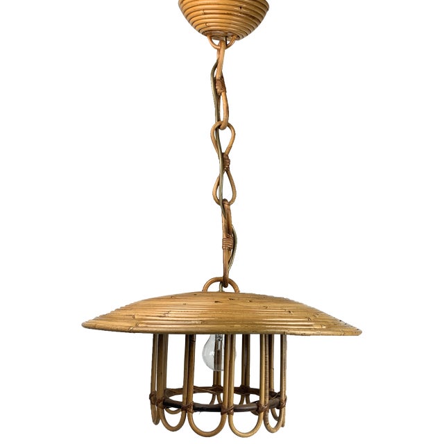 Mid-Century Pencil Reed Rattan Bamboo Pendant Hanging Lamp, Italy, 1970s For Sale