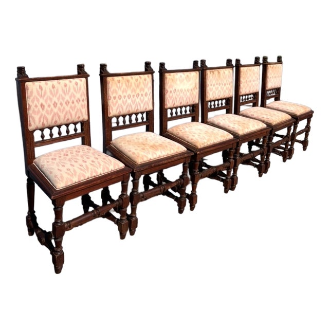 Early 20th Century Jacobean Renaissance Revival Carved Oak Dining Chairs With Figural Finials – Set of 6 For Sale