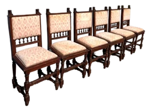 Early 20th Century Jacobean Renaissance Revival Carved Oak Dining Chairs With Figural Finials – Set of 6