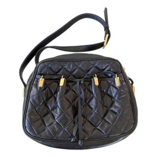Judith Leiber Black Quilted Leather Crossbody Bag Featuring Gold-Tone Hardware. For Sale
