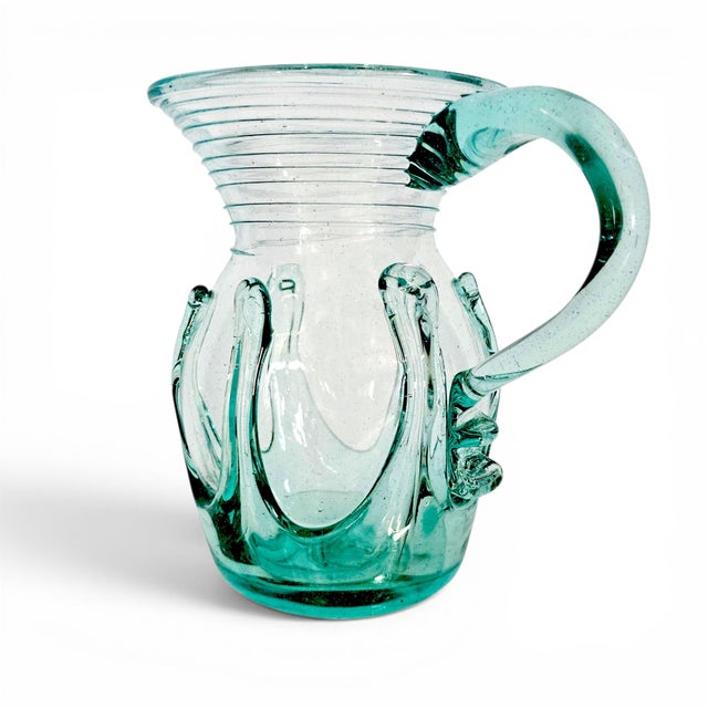 1976 Liberty Village Glasshouse Aquamarine Lily Pad Blown Glass Pitcher 6.75" For Sale - Image 10 of 11
