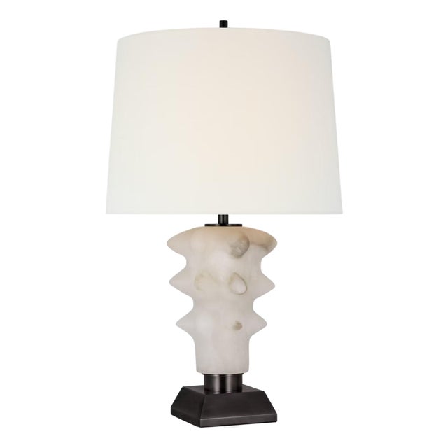 Thomas O'Brien by Visual Comfort Signature Luxor Medium Table Lamp in Alabaster and Bronze with Linen Shade For Sale