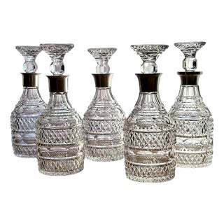 Harlequin Cut Anglo-Irish Crystal Decanters with Sterling Silver Mounts, 1960s, Set of 5 For Sale