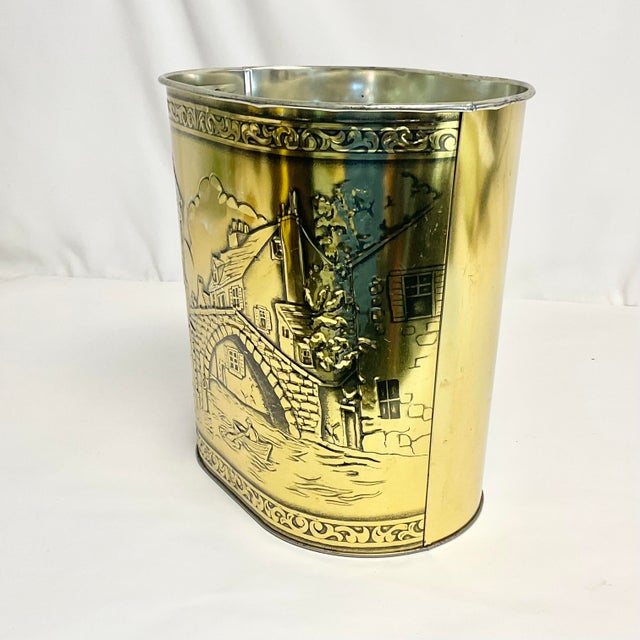 Mid-Century EnglishRustic European Wastebasket With Raised Village Scene For Sale - Image 10 of 12
