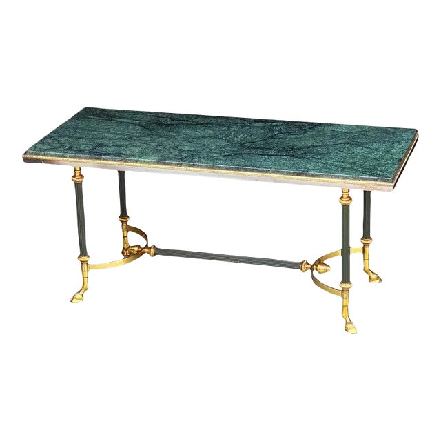 French Mid-Century Coffee or Cocktail Low Table of Brass With Green Marble Top For Sale