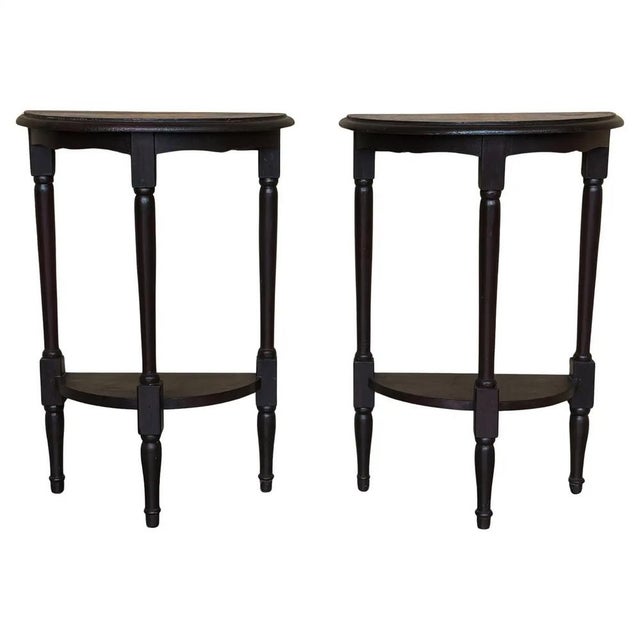 Narrow Demi Lune Convertible Nightstands in Dark Wood with Low Shelves, 1920s, Set of 2 For Sale - Image 16 of 16