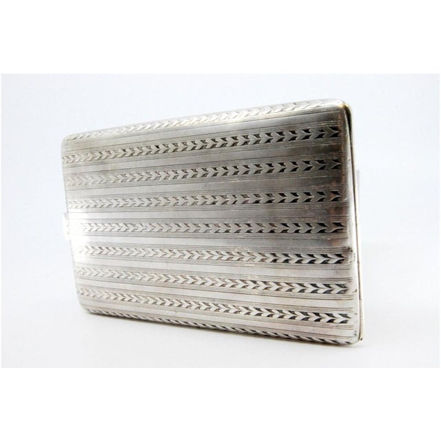 Metal Silver Cigarette Case with Herringbone Bands For Sale - Image 7 of 10
