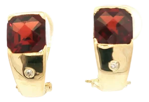 Late 20th Century 14k Yellow Gold Cushion Garnet and Diamond Clip-on Earrings, A Pair