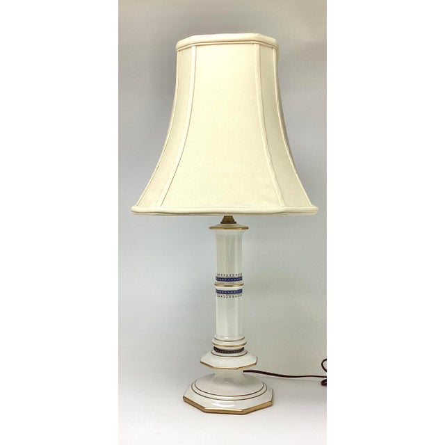Traditional 1950s Candle Stick Federal Style Blue Gold Star Porcelain Lamps - a Pair For Sale - Image 3 of 7