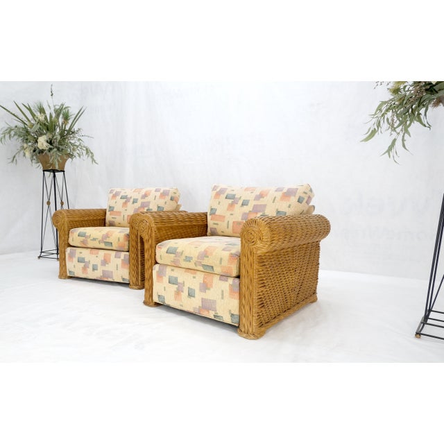 Mid-Century Modern Pair Decorative c1970s Oversize Rttan Bamboo Wicker Club Lounge Chairs Mint! For Sale - Image 3 of 18
