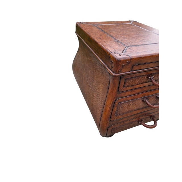 Wood 1990s Thomasville Leather Wrapped Rattan Side End Table Trunk East Indies W/ Storage For Sale - Image 7 of 12