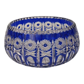 1990s Bohemian Czech Style Cut-To-Crystal Cobalt Blue Large Bowl For Sale